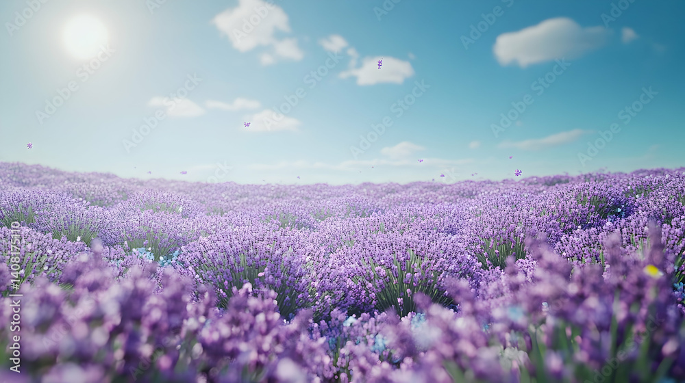 Obraz premium A vast, vibrant lavender field under a clear, sunny sky.