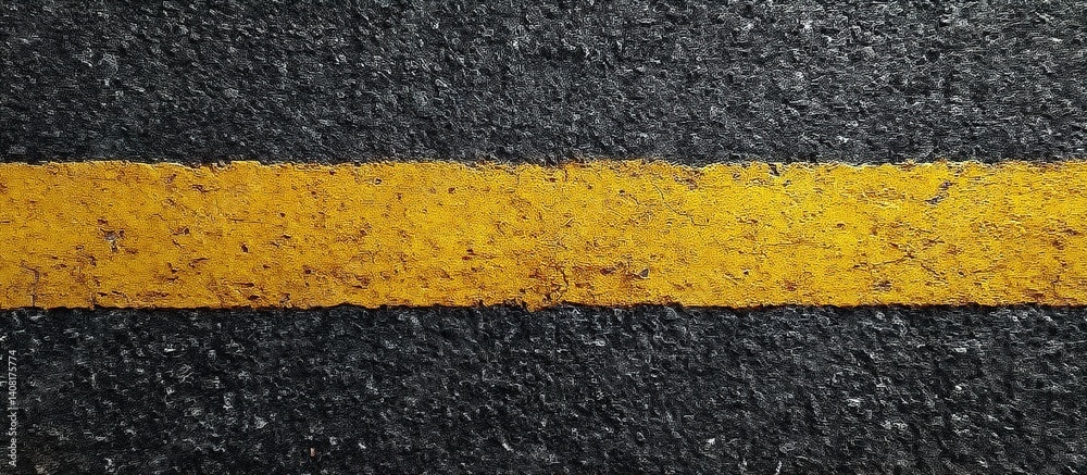 Close-up of a yellow solid line on textured black asphalt road, stark contrast.