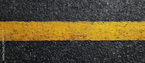 Obraz na płótnie Close-up of a yellow solid line on textured black asphalt road, stark contrast. w salonie