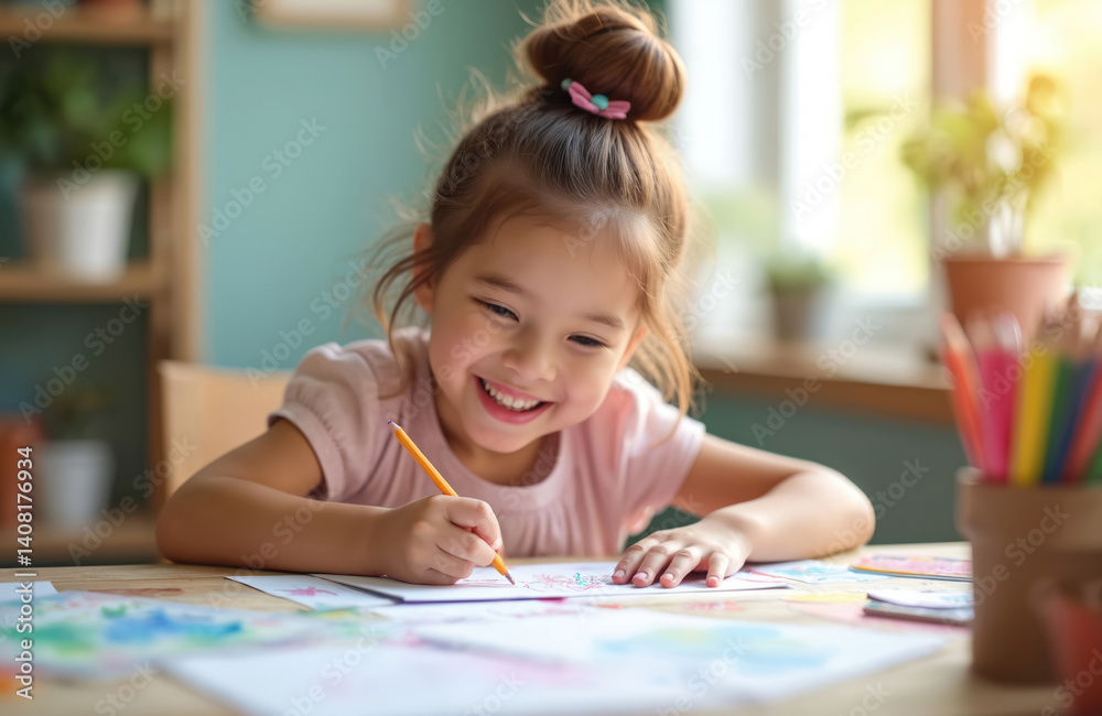 Joyful young girl creating art. Smiling child draws with pencil on paper. Sunny table filled drawings, paint, pencils. Happy kid, creative process, home activity, art therapy, colorful imagination, Joyful young girl creating art. Smiling child draws with pencil on paper. Sunny table filled drawings, paint, pencils. Happy kid, creative process, home activity, art therapy, colorful imagination,