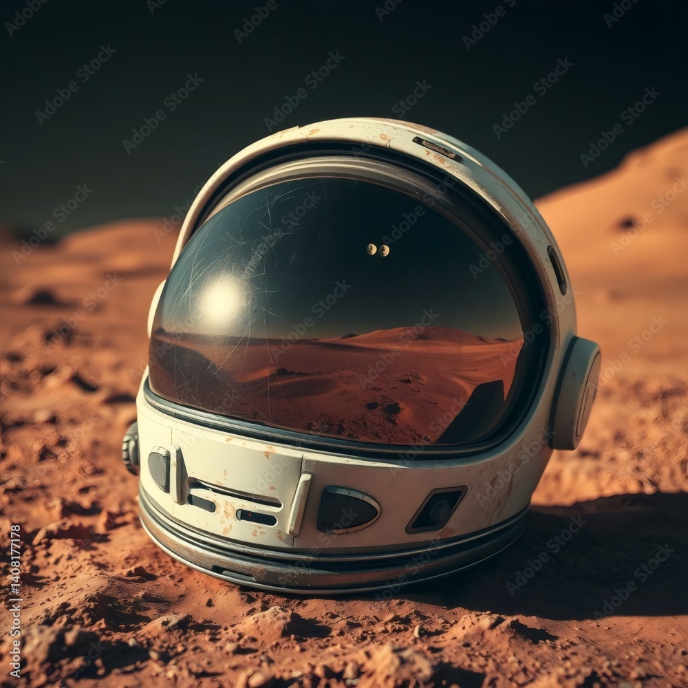 Fototapeta premium A weathered astronaut helmet rests on the dusty surface of Mars, reflecting the desolate red landscape
