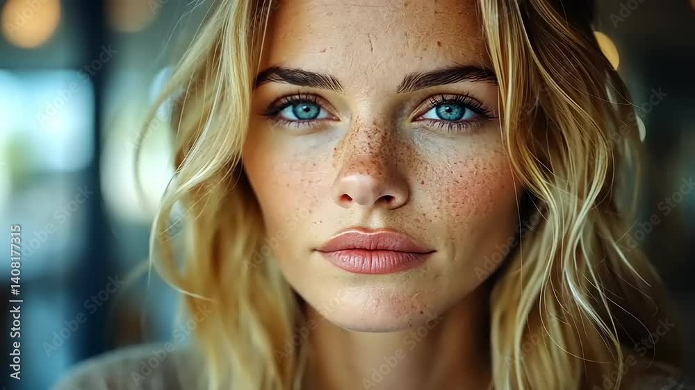 Close-up portrait of a woman with blue eyes and freckles, set in a softly blurred caf? background Close-up portrait of a woman with blue eyes and freckles, set in a softly blurred caf? background