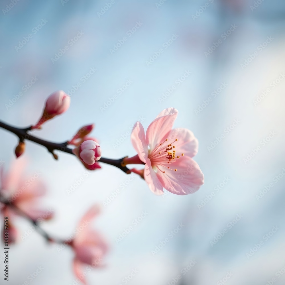 Delicate pink cherry blossoms on a branch with soft light blue and pink blurred background Delicate pink cherry blossoms on a branch with soft light blue and pink blurred background