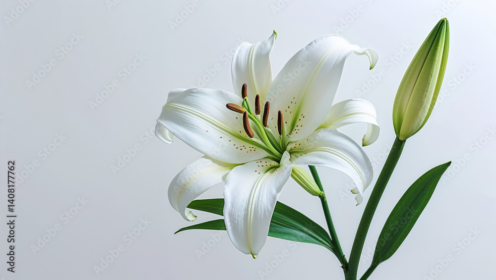 Fototapeta premium Elegant White Lily Flower With Bud On Light Background Minimalist Floral Still Life
