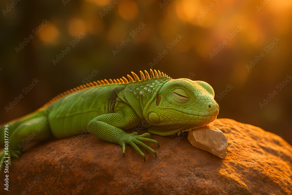 Fototapeta premium Green baby iguana peacefully sleeping on a rock during golden hour