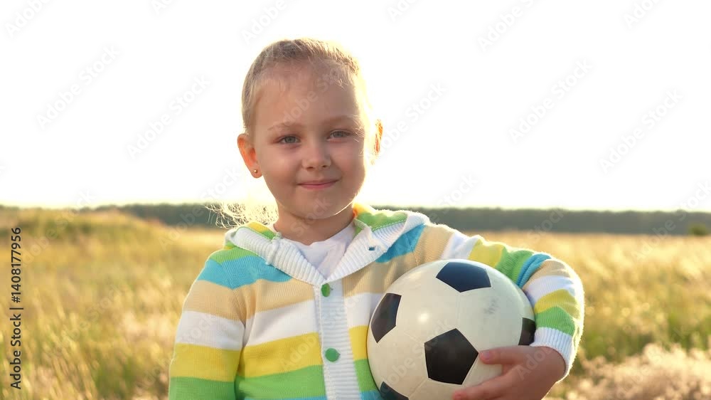 girl holding football. green field posing portrait smile face. she child enjoying game sunset. looking out beautiful nature. surrounding activity takes place school sports bring joy funny sportsman girl holding football. green field posing portrait smile face. she child enjoying game sunset. looking out beautiful nature. surrounding activity takes place school sports bring joy funny sportsman