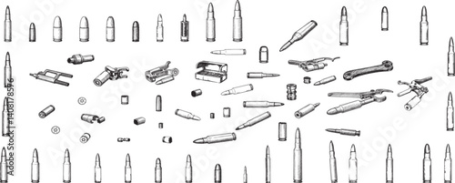 Set of Illustrations of bullets and cartridges in vintage monochrome style. Design element for logo, label, sign, emblem, poster.