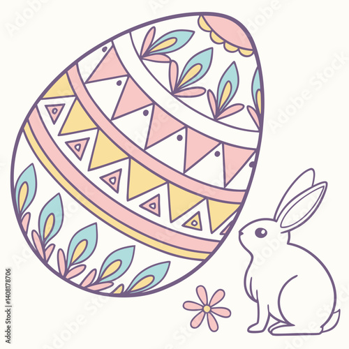 Colorful Easter egg and bunny illustration in pastel colors  