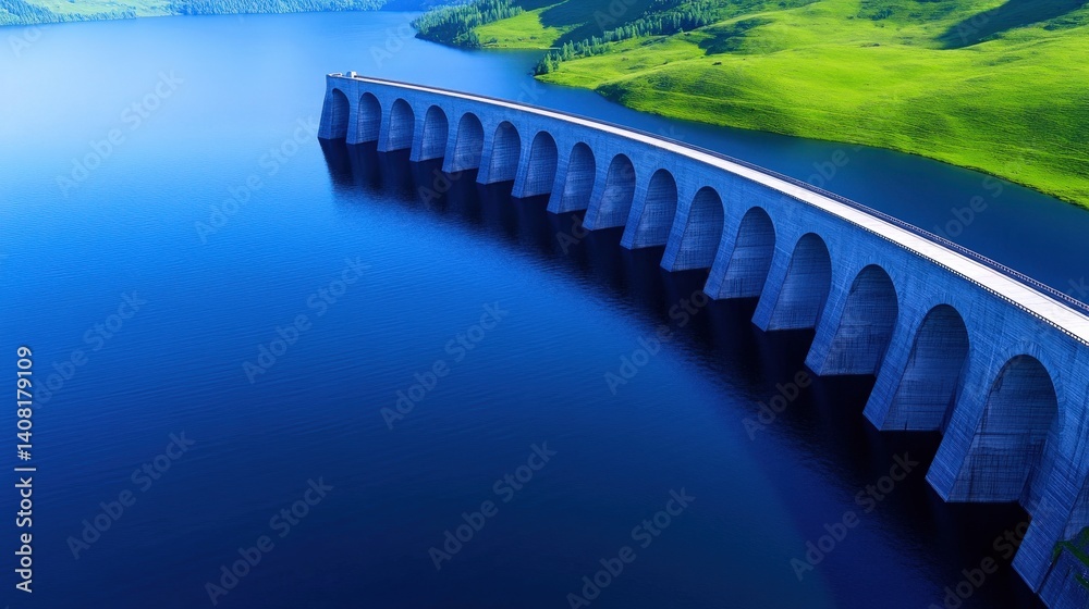 A curved dam stretches across a vibrant blue lake, with clear water reflecting the landscape. Lush green hills surround the area, creating a peaceful and picturesque environment