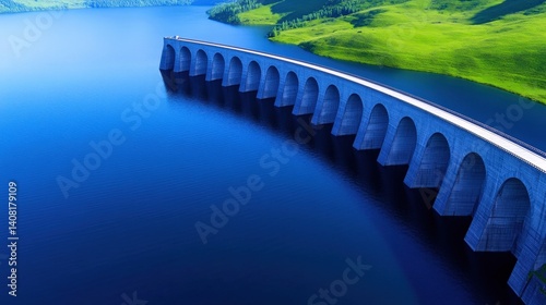 Obraz na płótnie A curved dam stretches across a vibrant blue lake, with clear water reflecting the landscape. Lush green hills surround the area, creating a peaceful and picturesque environment w salonie