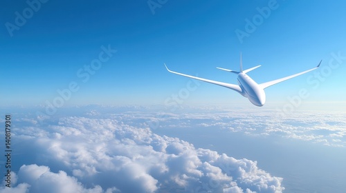 Obraz na płótnie A commercial airplane glides smoothly above a blanket of fluffy white clouds under a bright blue sky. The sunlight enhances the serene atmosphere of the flight experience w salonie