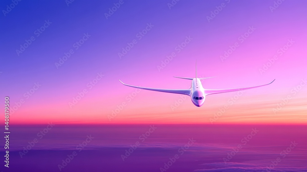 An airplane glides gracefully through a colorful sunset, surrounded by a vast ocean. The sky is painted in shades of purple and orange, creating a serene atmosphere