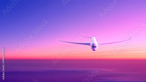 Obraz na płótnie An airplane glides gracefully through a colorful sunset, surrounded by a vast ocean. The sky is painted in shades of purple and orange, creating a serene atmosphere w salonie
