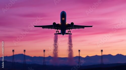 Obraz na płótnie An airplane ascends into a colorful twilight sky, leaving vapor trails as it climbs above antennas and distant mountains during evening hours w salonie