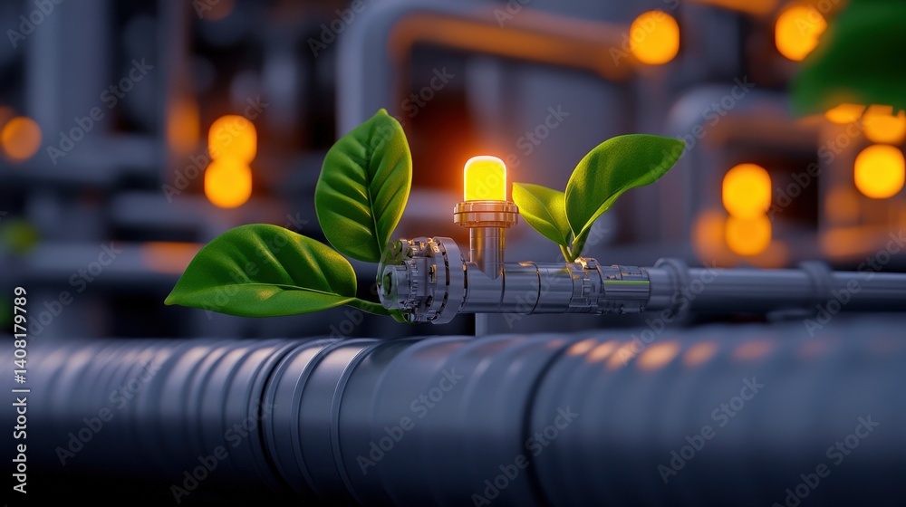 Bright leaves grow from a transparent pipe fitting, symbolizing the integration of eco-friendly solutions in industrial environments. The warm glow emphasizes innovation and sustainability