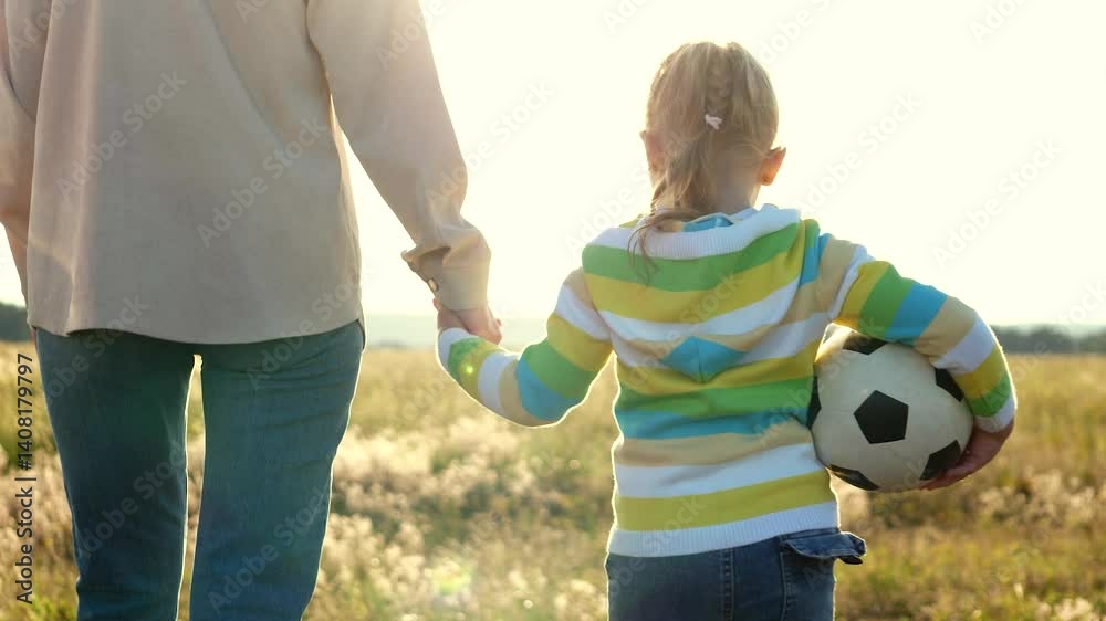 young girl happily walking hand hand with mother soccer field during sunset. girl holding football symbolizing love for sport. both have smiles faces, representing joy fulfillment feel family. scene young girl happily walking hand hand with mother soccer field during sunset. girl holding football symbolizing love for sport. both have smiles faces, representing joy fulfillment feel family. scene