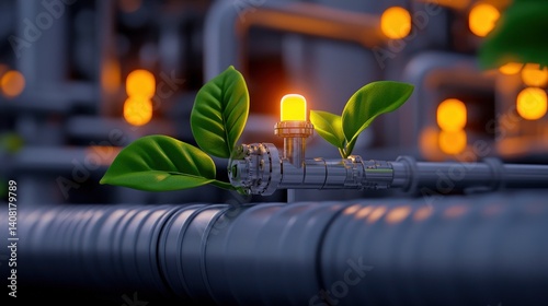 Bright leaves grow from a transparent pipe fitting, symbolizing the integration of eco-friendly solutions in industrial environments. The warm glow emphasizes innovation and sustainability