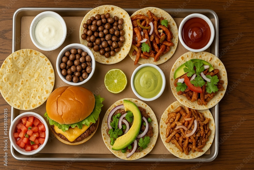 Delicious Platter of Tacos, Burger, and Dips for a Perfect Meal