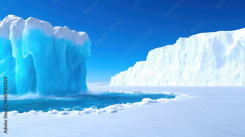 Large icebergs rise dramatically from the ocean, surrounded by white snow and reflecting under a vibrant blue sky, showcasing the harsh beauty of winter in a remote environment