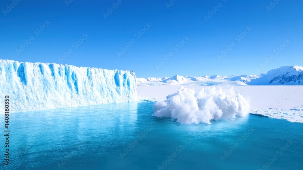 Vast icebergs tower over turquoise waters under a clear blue sky. Ice breaks off with a splash, highlighting the ongoing effects of climate change in Antarctica
