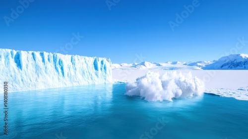 Obraz na płótnie Vast icebergs tower over turquoise waters under a clear blue sky. Ice breaks off with a splash, highlighting the ongoing effects of climate change in Antarctica w salonie