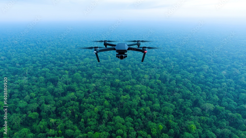 A drone is airborne above a thick green rainforest during early morning light, showcasing vast expanses of trees and rich biodiversity. The serene environment highlights nature's beauty