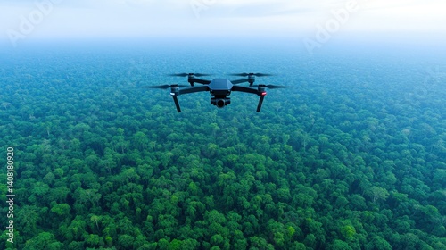 Obraz na płótnie A drone is airborne above a thick green rainforest during early morning light, showcasing vast expanses of trees and rich biodiversity. The serene environment highlights nature's beauty w salonie