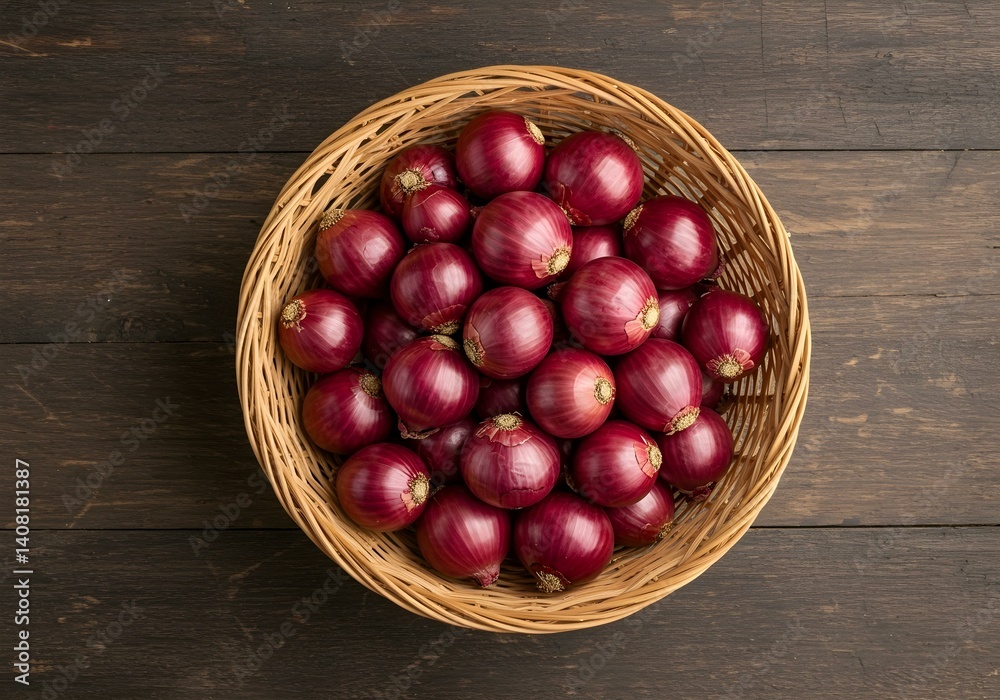Straw basket of red onions isolated on transparent background , top view Straw basket of red onions isolated on transparent background , top view