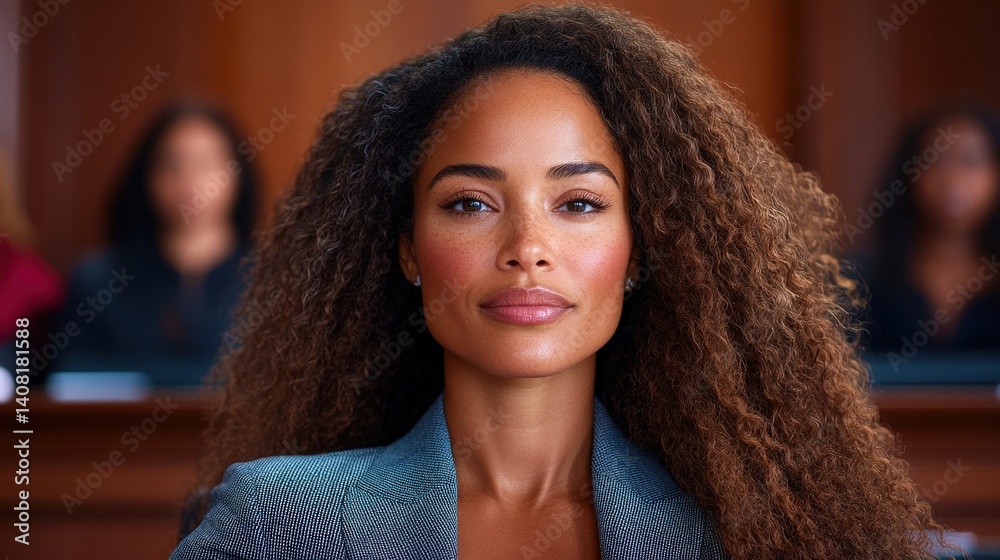 A young woman with voluminous curly hair sits at the courtroom's front, exuding confidence as she prepares to address the jury