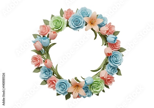 A digital illustration of a pastel floral wreath composed of roses