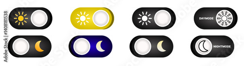 Day and night toggle switch icons set. Collection of on off. Sun and Moon icons for dark light mood. Dark mode and light mode switch button for website and mobile app. day night modes switch isolated.