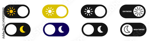Day and night toggle switch icons set. Collection of on off. Sun and Moon icons for dark light mood. Dark mode and light mode switch button for website and mobile app. day night modes switch isolated.