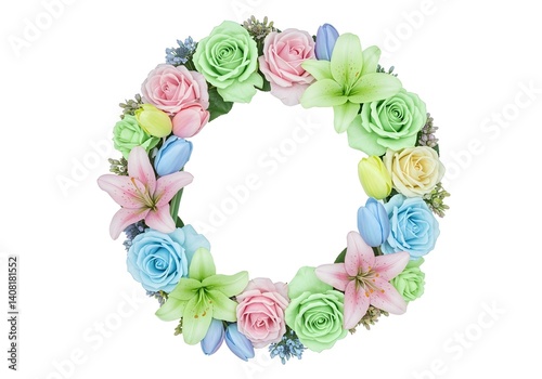A digital illustration of a pastel floral wreath composed of roses
