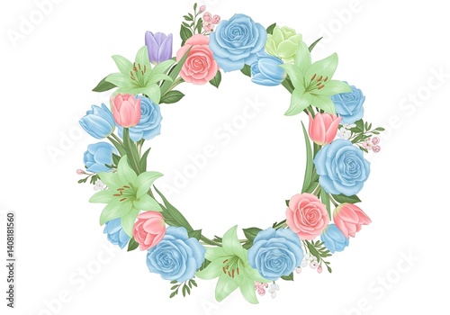 A digital illustration of a pastel floral wreath composed of roses