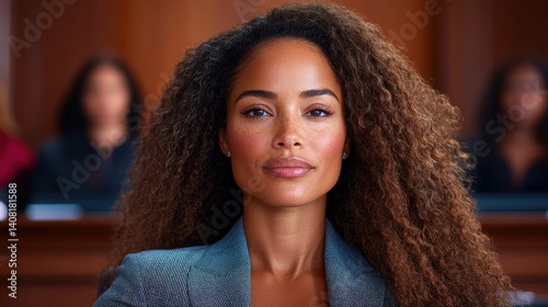 Obraz na płótnie A young woman with voluminous curly hair sits at the courtroom's front, exuding confidence as she prepares to address the jury w salonie
