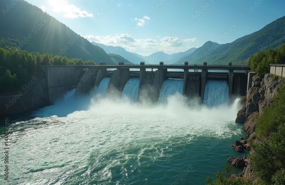 Fototapeta premium Water pours from dam, Krasnoyarsk hydroelectric power station in Russia. Hydroelectric energy production, industrial landscape, sunny day. Renewable resource, clean energy, environmental