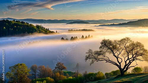 Serene Sunrise Over Misty Mountain Valley with a Lone Tree Silhouette
