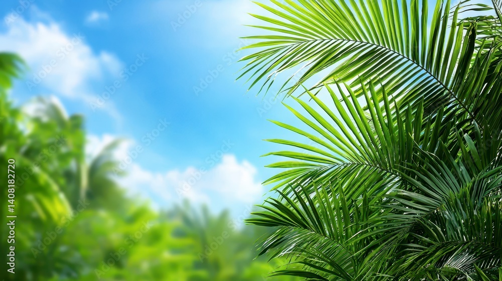 Lush Green Palm Leaves Against Bright Blue Sky with White Clouds Lush Green Palm Leaves Against Bright Blue Sky with White Clouds