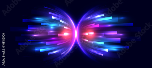 Abstract light shining background. Colourful dynamic geometric overlapping motion. Speed movement concept of future technology. Futuristic, technology pattern for banner or poster design.
