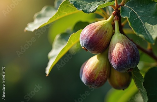 Fresh ripe figs hanging fig tree branch. Natural organic fruits in garden, orchard. Sweet figs close-up, healthy dessert food. Summer harvest, vitamins, seasonal ingredient.