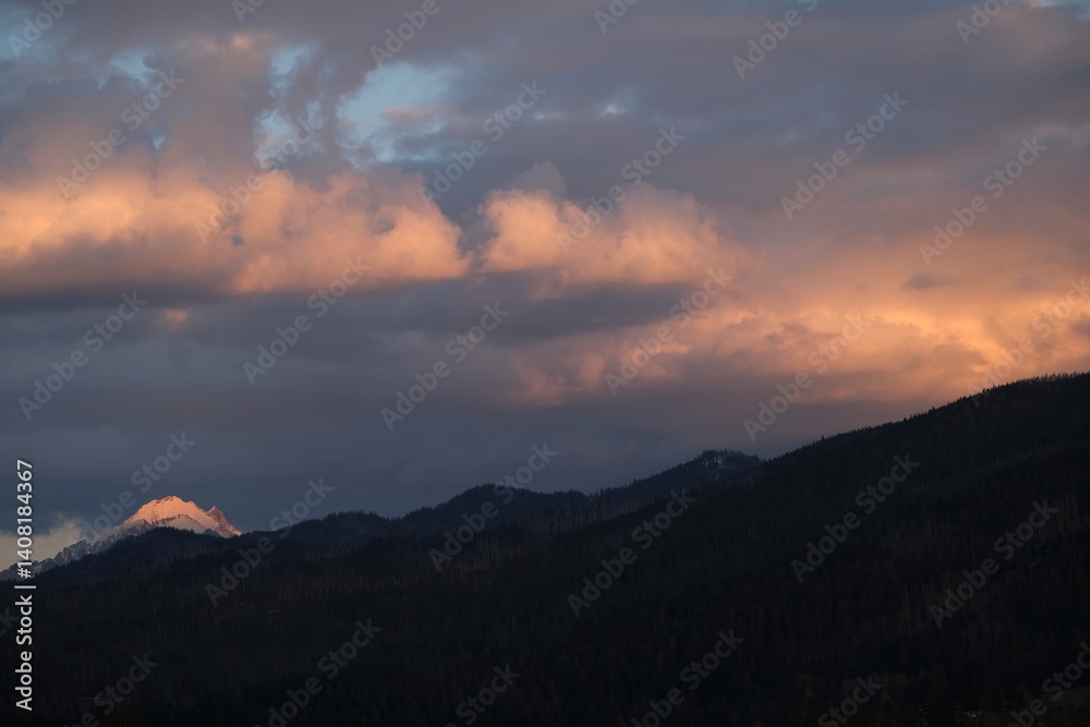 Panorama of Tatras mountains in sunset scenery from viewpoint Antalowka, Zakopane, Poland