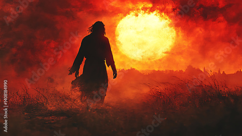 Jesus silhouetted against a burning sunset, sand whipping around him as he resists temptation, epic cinematic style soft royal hues of red, gold, and ivory.