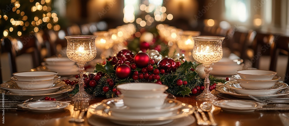 Elegant Christmas dinner table setting with candles, ornaments, and place settings. Elegant Christmas dinner table setting with candles, ornaments, and place settings.