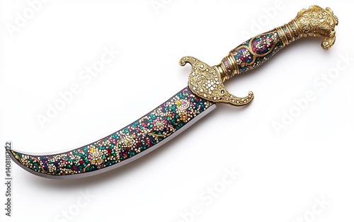 Ornate Sikh Kirpan Sword with Golden Accents Isolated On White Background.