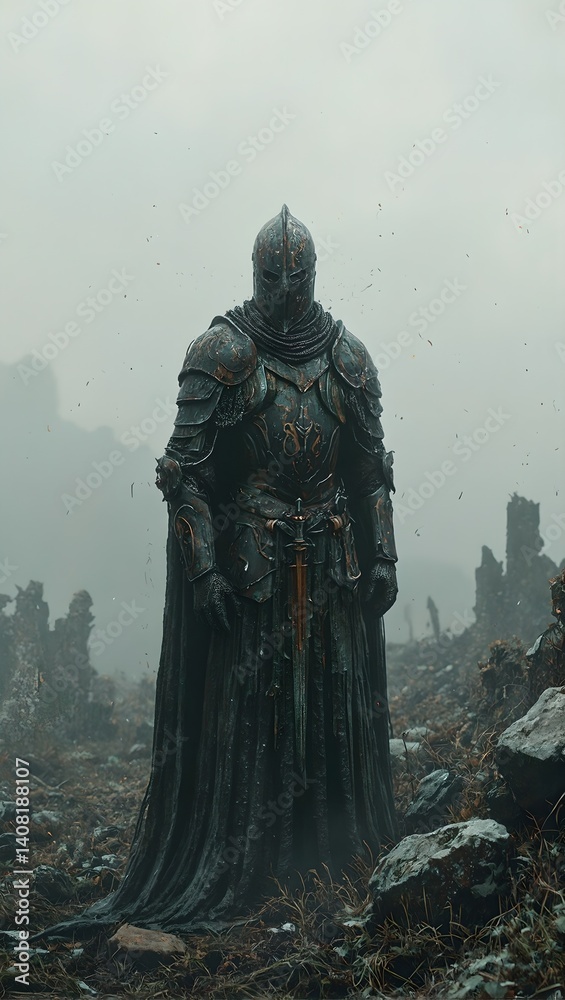 Fototapeta premium Haunting image of a spectral knight amidst battlefield ruins captured in eerie stillness with a sense of unresolved conflict