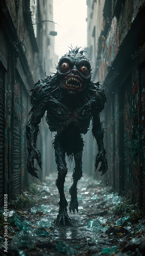 Fototapeta premium Sinister deformed creature lurks in eerie urban alley embodying modern decay with twisted grin and asymmetrical eyes