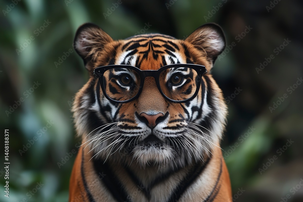 Fototapeta premium Tiger with sharp black glasses showing personality in a lush green environment