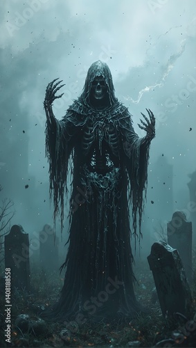 Eerie skeletal figure in tattered hood reaches skyward in misty graveyard surrounded by ancient curses