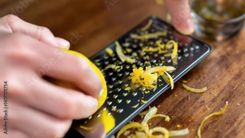 Close-up of hands zesting lemon over grater with yellow peel on dark surface. Concept of flavor enhancement and cooking detail photo