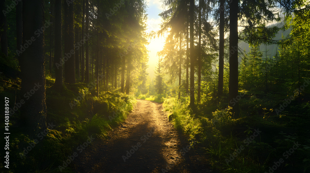 Naklejka premium A sunlit path through a forest of tall pine trees, leading to a scenic mountain pass with vast open views.